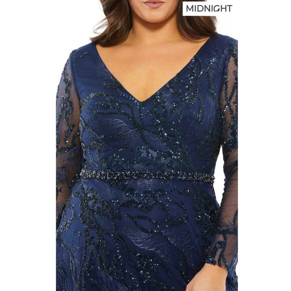 NEW Mac Duggal Navy Embellished Illusion Long Sleeve V-Neck A-Line Mesh Gown - Picture 3 of 14